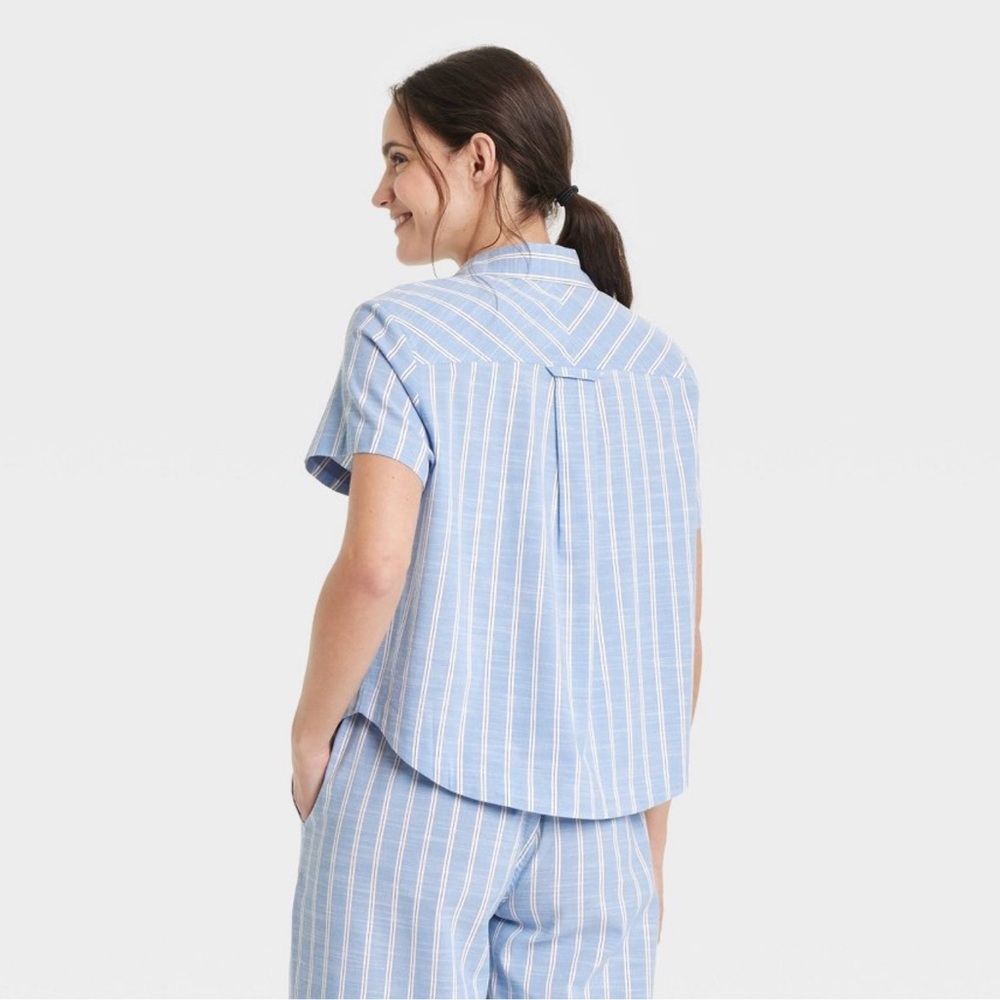 Women's Striped Cotton Blend Short Sleeve Pajama Shirt - Auden Light Blue L - Picture 2 of 3